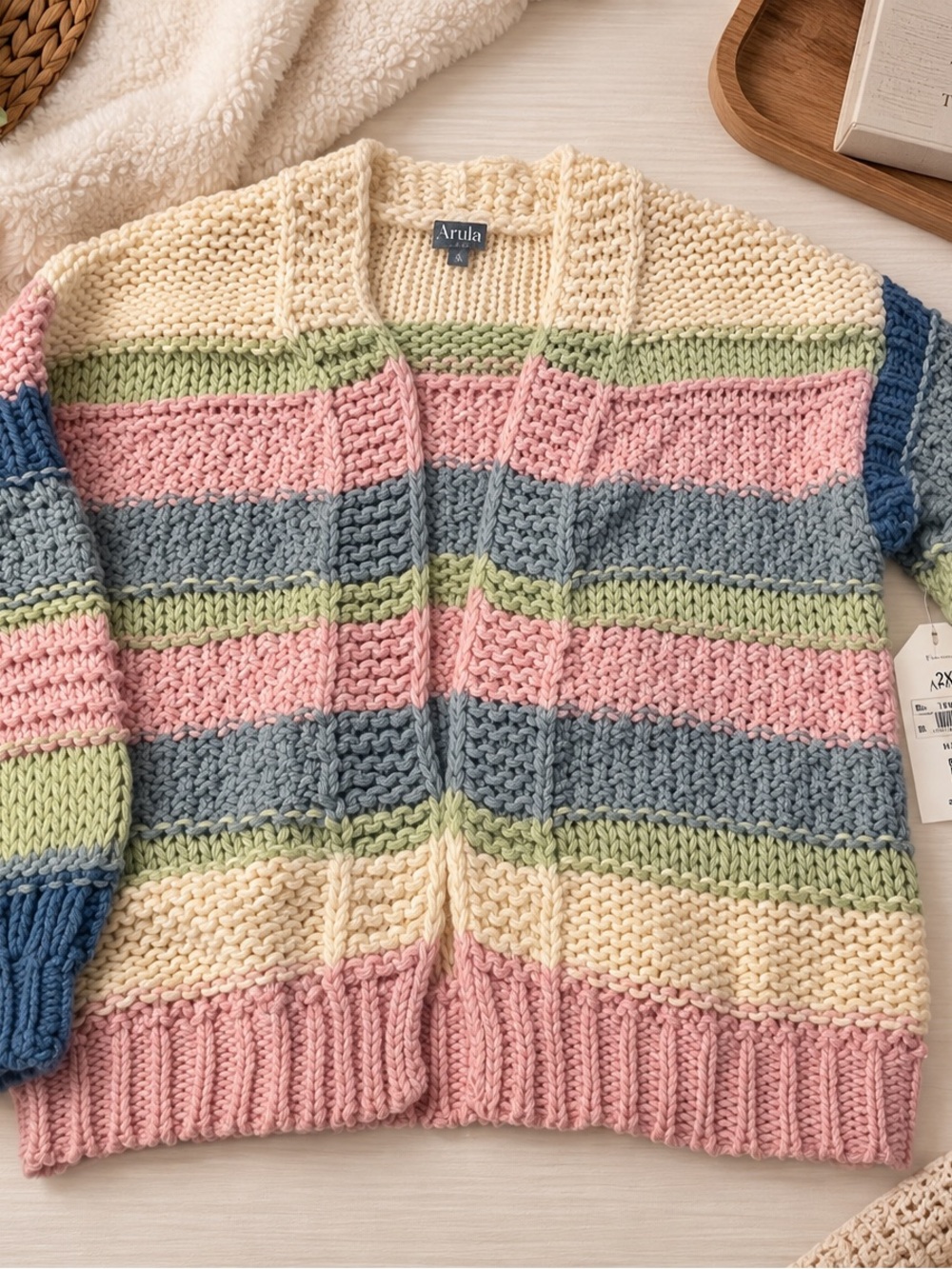 ARULA Pastel Striped Open-Front Knit Cardigan - Cream, Pink, Blue, Green